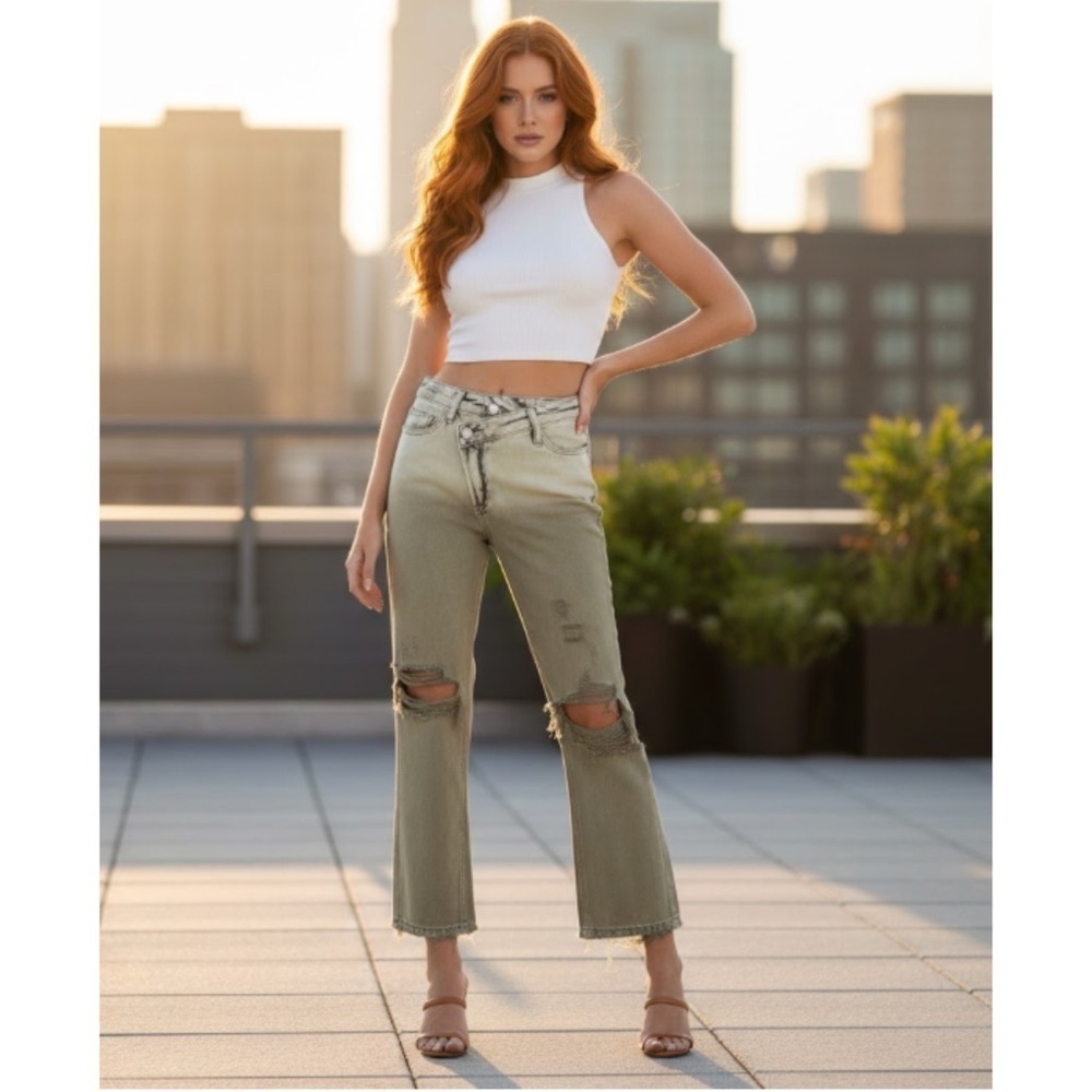 VERVET Super High Rise Criss Cross Waistband Crop Straight Jeans Olive Wash 25